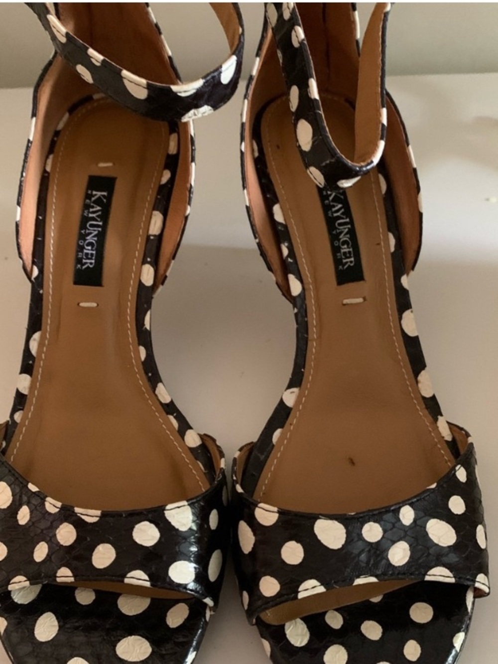 Kay Unger Black and White Polka Dot Ankle-Strap Heels
